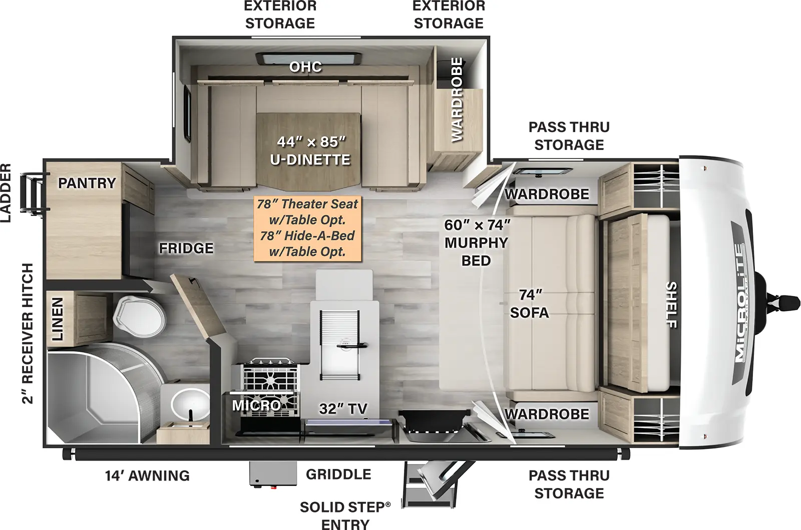 The 21DS has one slide out and one entry. Exterior features a 14 foot awning, front pass thru storage, solid step entry, griddle, rear ladder, 2" receiver hitch, and off-door side exterior storage. Interior layout front to back: murphy bed/sofa with shelf above and wardrobes on each side; off-door side slide out with wardrobe, u-dinette (theater seat with table or hide-a-bed sofa with table optional), and overhead cabinet; entry door, and peninsula counter with sink wraps to door side with TV, microwave and cooktop; rear door side full bathroom with linen closet; rear off-door side refrigerator and pantry.